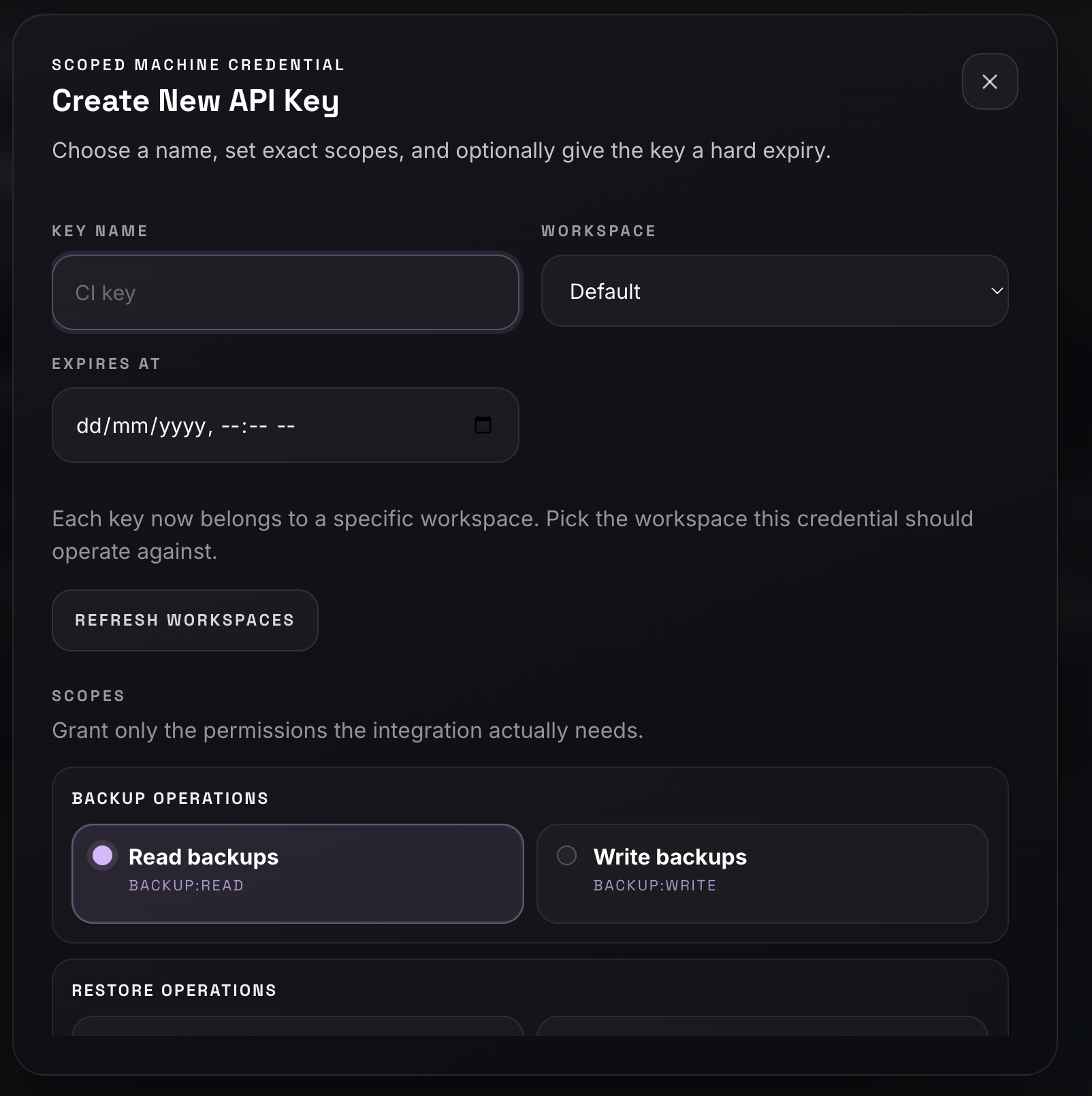 Create New API Key dialog with name, workspace, expiry, and scope toggles